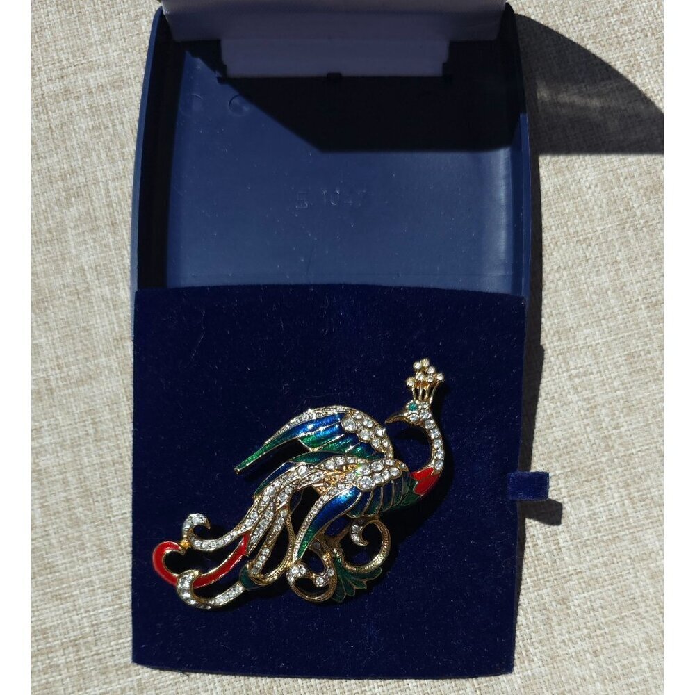 Attwood & Sawyer Peacock Swarovski 22K Gold Plated Enamel Vintage Brooch In Box - Picture 9 of 12